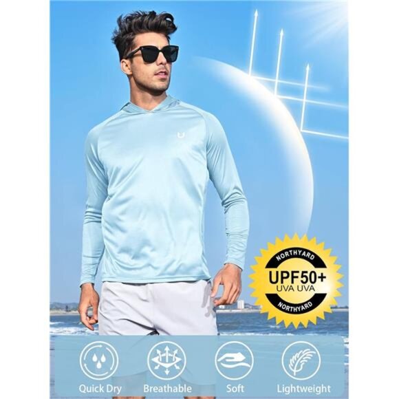 Men's UPF 50+ Hoodie Shirts Long Sleeve Sun Protection Fishing Swim - Picture 2 of 6